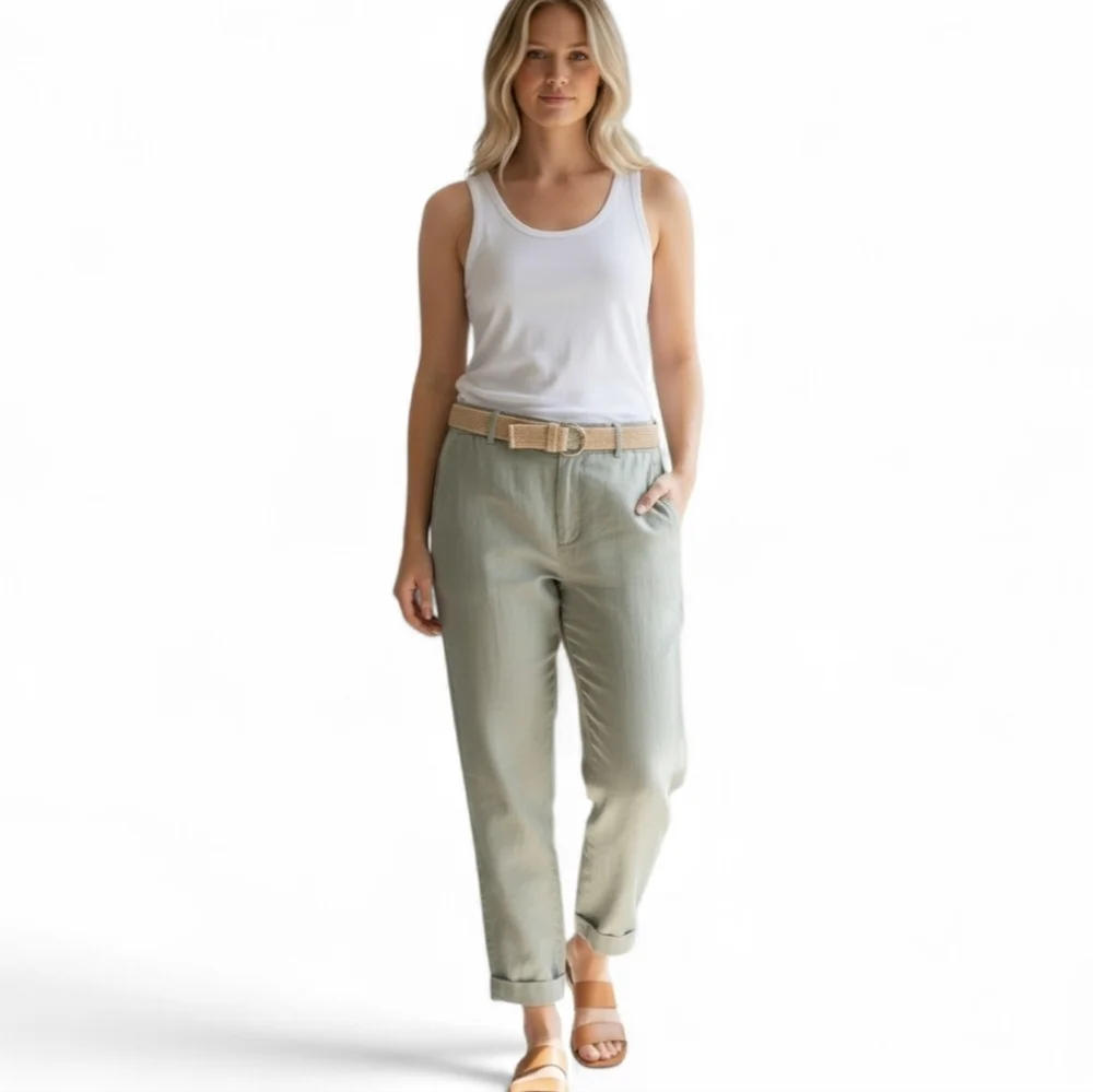 ZARA Linen Blend Belted Tapered Pants – Sage Green – NWT – Size US 6